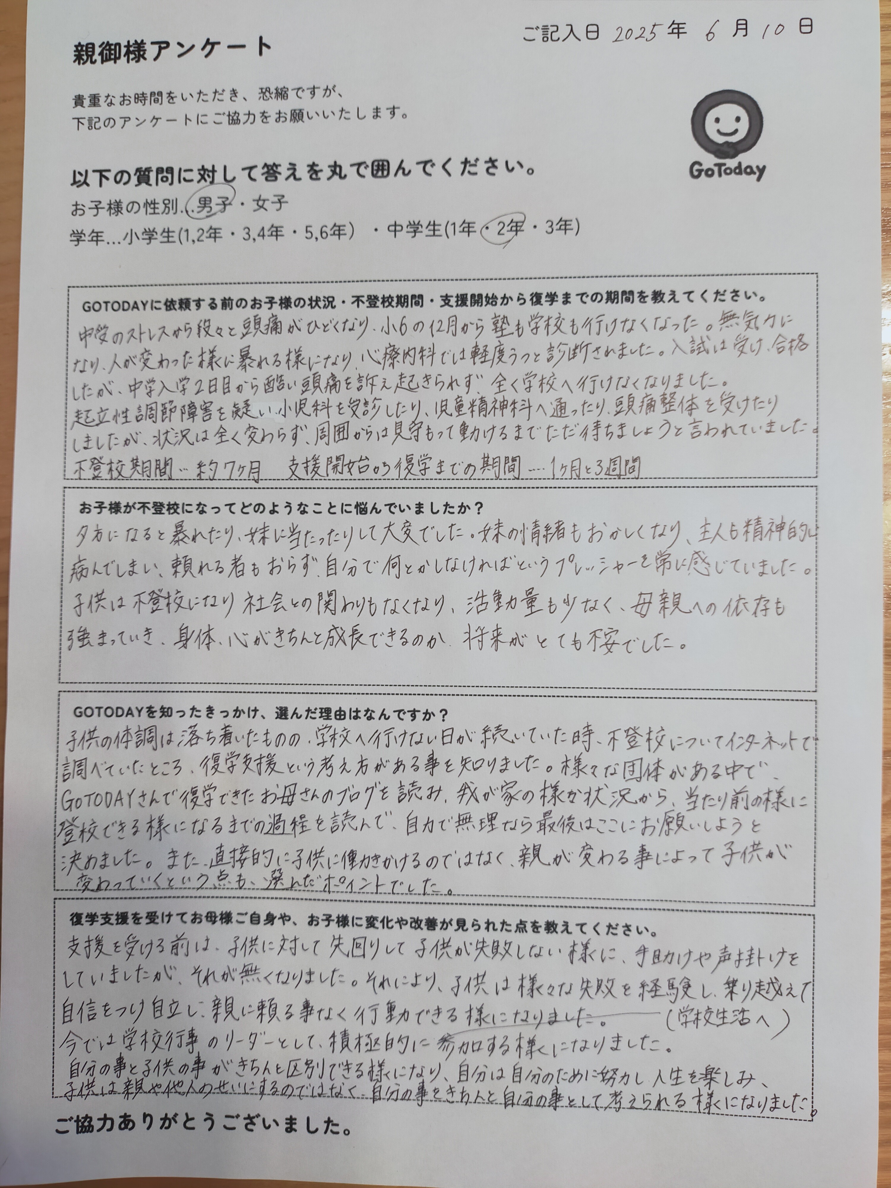 復学支援GoToday|不登校 復帰 親御様アンケート