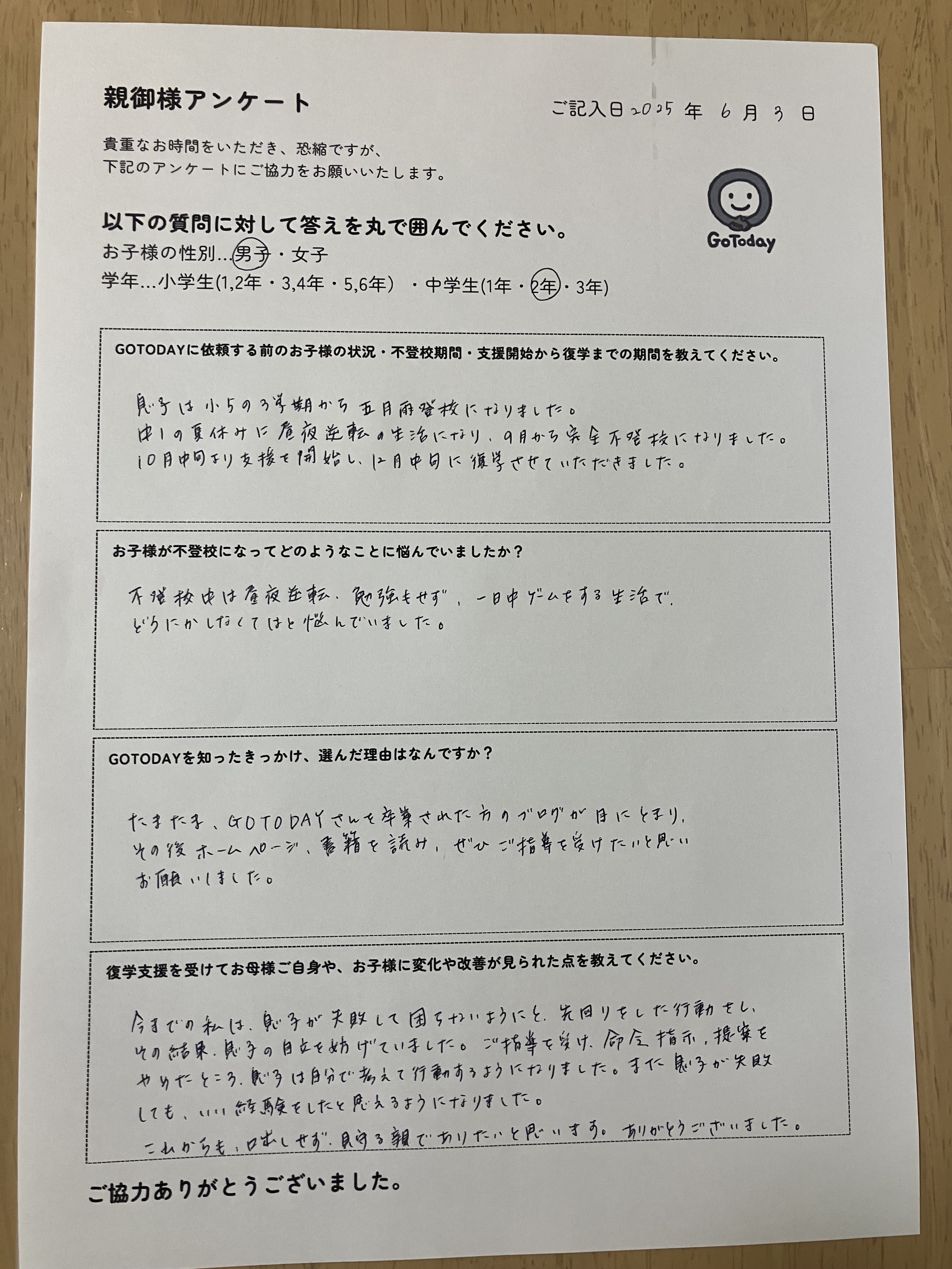 復学支援GoToday|不登校 復帰 親御様アンケート